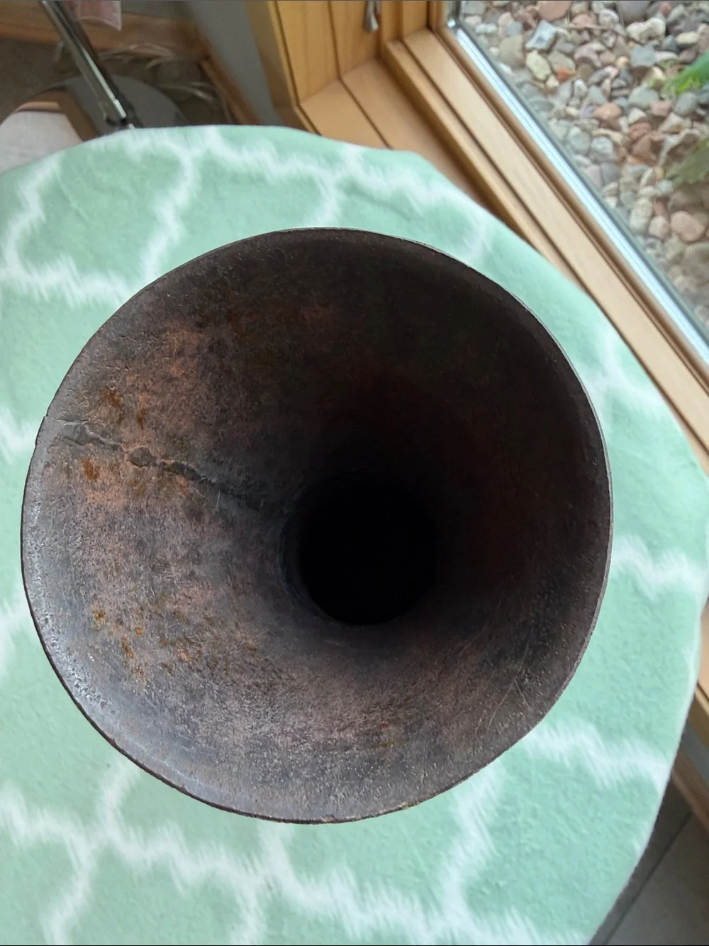 Vintage Black Brown Oxidized Metal Vase Floral and Stripe Etched  - Home Accent